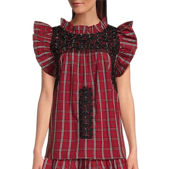 J. Marie Red Tartan Rayna Plaid Ruffle Neck Embroidery Top NEW Size M Holidays - Picture 1 of 12